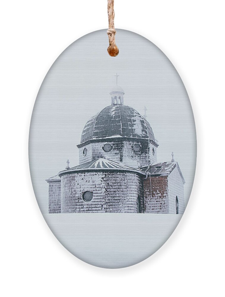 Radhost Ornament featuring the photograph Frozen historical chapel - White colour by Vaclav Sonnek