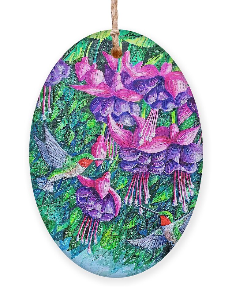 Fuchsia. Hummingbirds Ornament featuring the painting Fuchsia Frolic by Diane Phalen