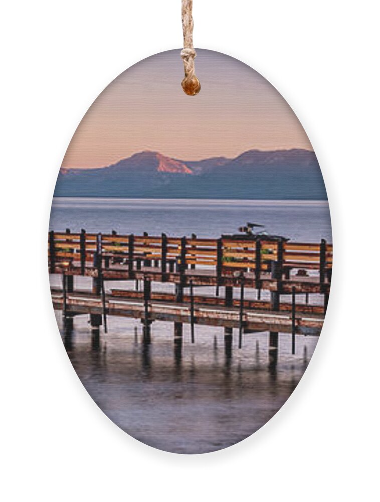Lake Tahoe Ornament featuring the photograph Gar Woods Pier And Lake Tahoe Panoramic Sunset by Gregory Ballos