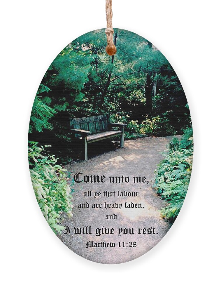 Bench Ornament featuring the photograph Garden Hideaway Matthew 11vs28 by Mike McBrayer