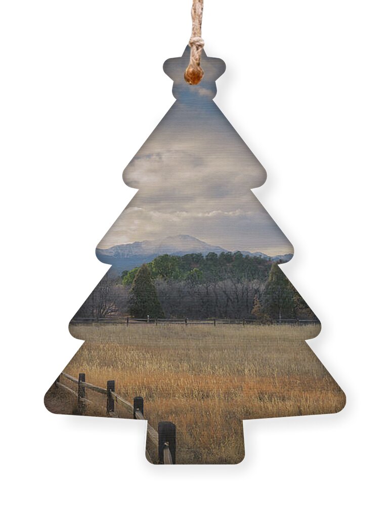 Garden Of The Gods Ornament featuring the photograph Garden of the Gods and Pikes Peak, Central gardens pathway by Abigail Diane Photography