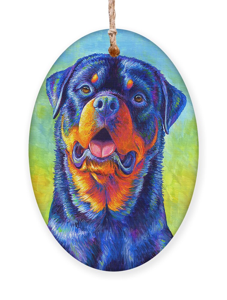 Rottweiler Ornament featuring the painting Gentle Guardian Colorful Rottweiler Dog by Rebecca Wang