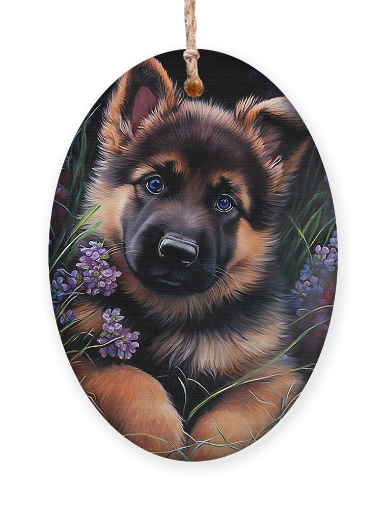 Puppy Ornament featuring the digital art German Shepherd Puppy in Spring by Angie Tirado