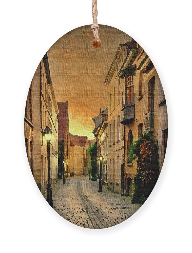 Ghent Ornament featuring the digital art Ghent, Belgium Sunset Street Scene, Dry Brush on Canvas by Ron Long Ltd Photography