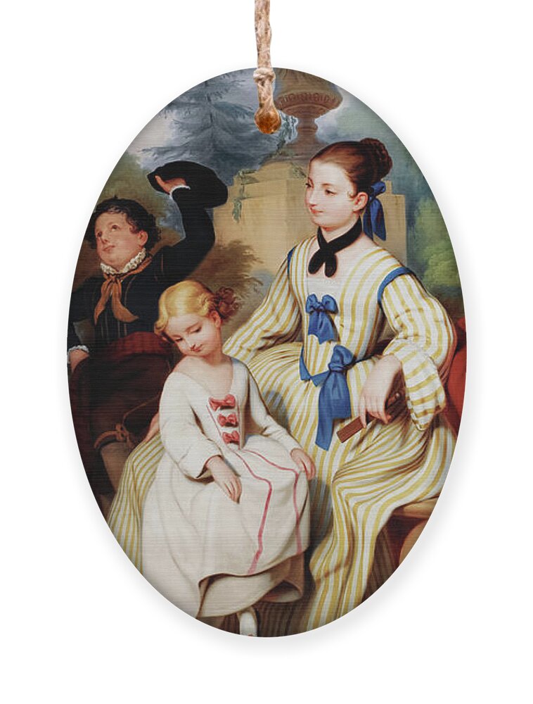Girl Ornament featuring the painting Girl With A Fan And Two Children In Elegant Dress Remastered Retro Art Xzendor7 Reproductions by Rolando Burbon