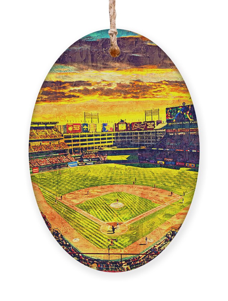 Globe Life Park Ornament featuring the digital art Globe Life Park in Arlington, Texas, at sunset - digital painting by Nicko Prints