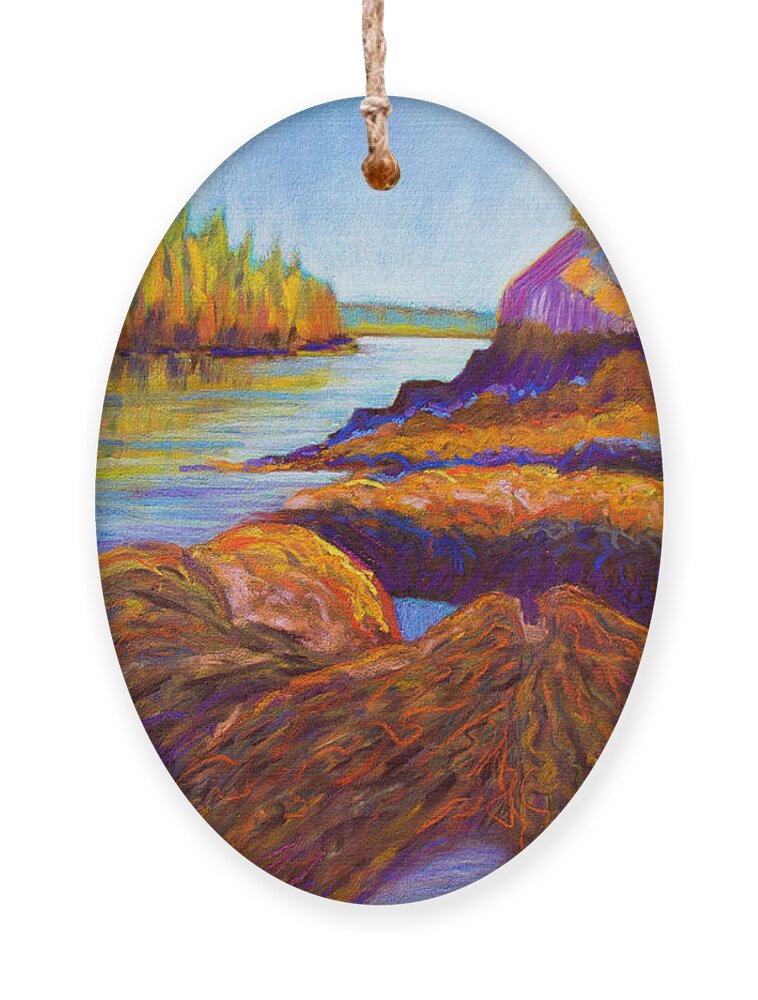 Maine Ornament featuring the painting Golden Hour on Hendrick's Head Beach by Polly Castor