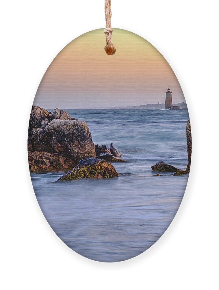 Bay Ornament featuring the photograph Golden Sky, Whaleback Light. by Jeff Sinon