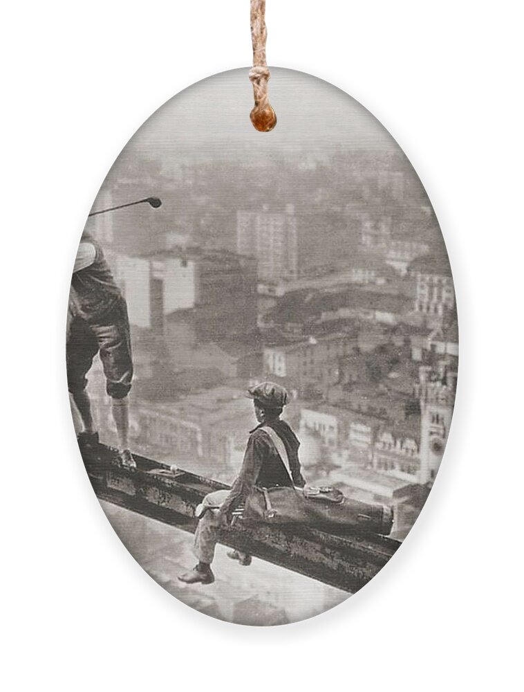 Golf Ornament featuring the painting Golfer On Girder Over New York Sepia by Tony Rubino