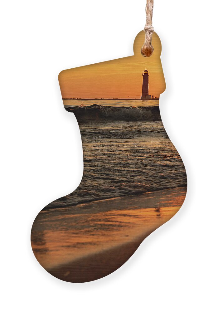 Grand Haven Lighthouse Sunset Ornament featuring the photograph Grand Haven Beach Sunset by Dan Sproul