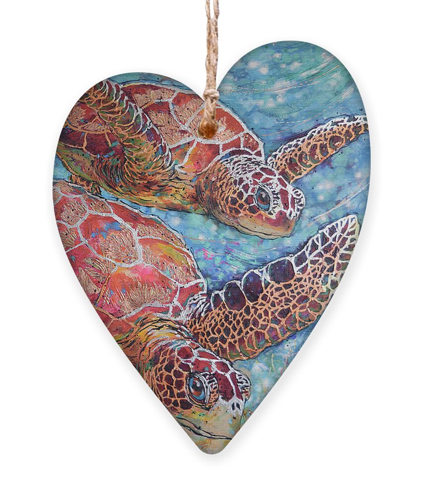 Green Sea Turtles Ornament featuring the painting Grand Sea Turtles by Jyotika Shroff