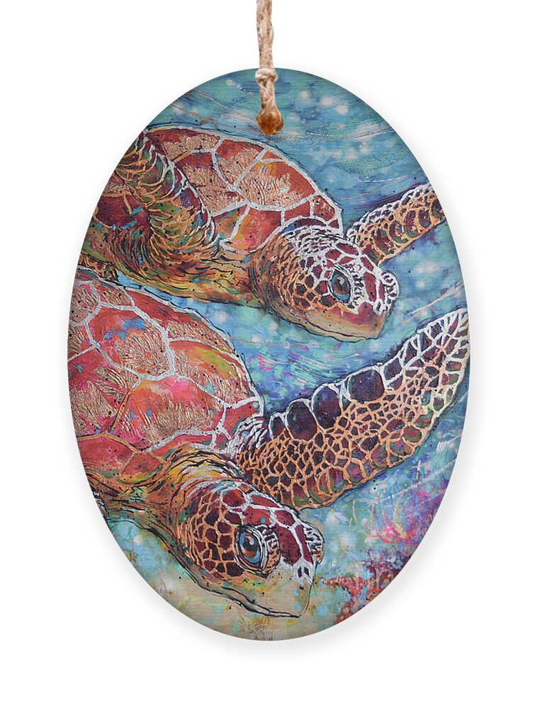 Green Sea Turtles Ornament featuring the painting Grand Sea Turtles by Jyotika Shroff