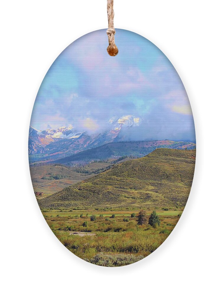 Grand Tetons Ornament featuring the photograph Grand Tetons in the clouds 1a by Cathy Anderson