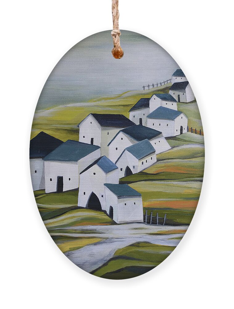 Semi-abstract Landscape Ornament featuring the painting Grandma's village by Aniko Hencz