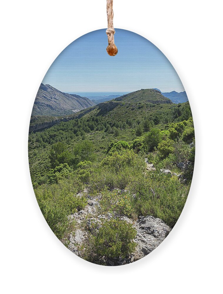Mountain Ornament featuring the photograph Green mountain landscape and the rock Cavall Verd by Adriana Mueller