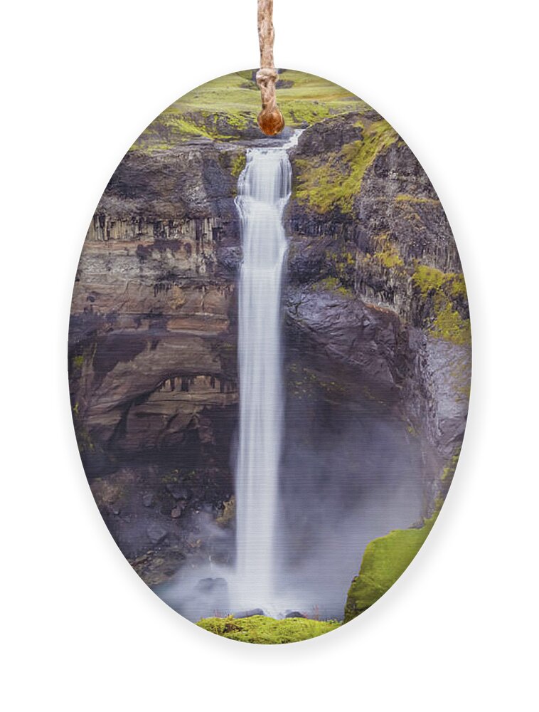 Haifoss Ornament featuring the photograph Haifoss waterfall, Iceland by Lyl Dil Creations