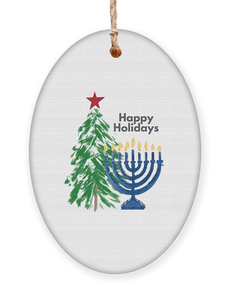 Holidays Ornament featuring the mixed media Happy Holidays Tree and Menorah- Art by Linda Woods by Linda Woods
