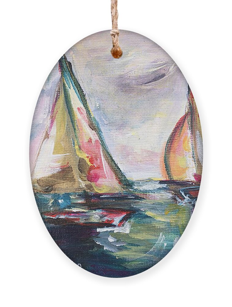 Abstract Boats Ornament featuring the painting Happy Sails by Roxy Rich