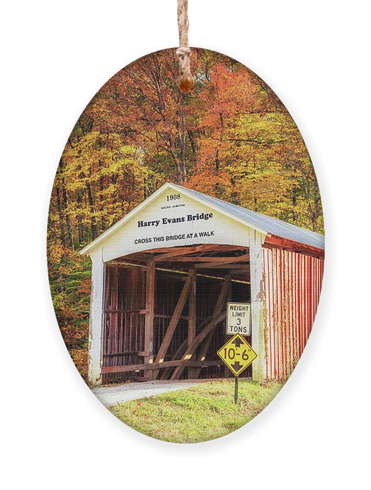 Parke County Ornament featuring the photograph Harry Evans Covered Bridge in Autumn by Susan Rissi Tregoning