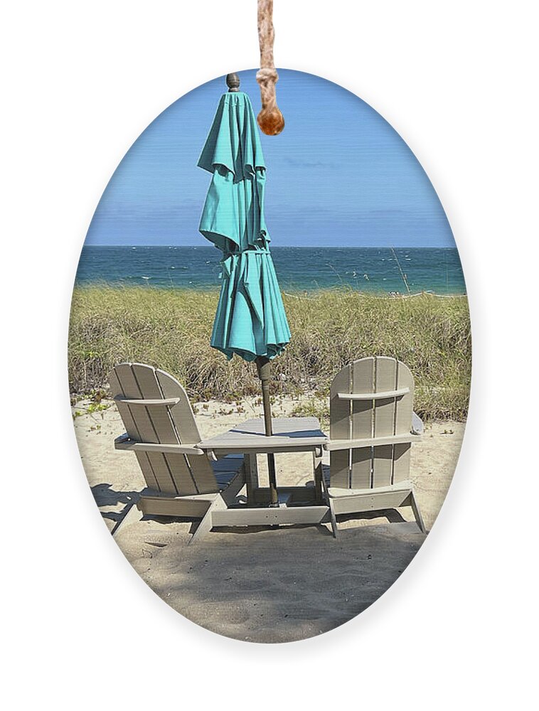 Have A Seat By The Sea Ornament featuring the photograph Have a Seat By The Sea by Michelle Constantine
