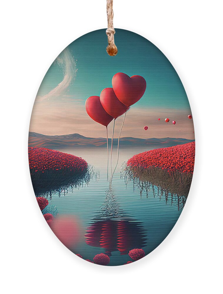 Heart Ornament featuring the digital art Heart shape balloons flying above red field of flowers. Valentin by Jelena Jovanovic