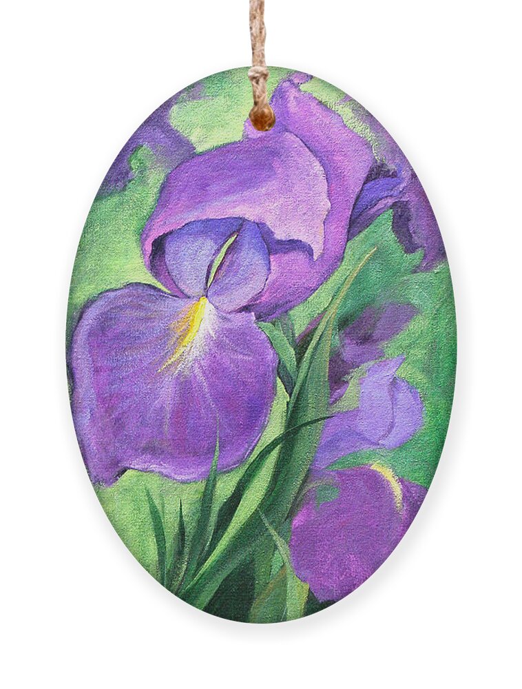 Purple Irises Ornament featuring the painting Hello Spring by Gayle Mangan Kassal