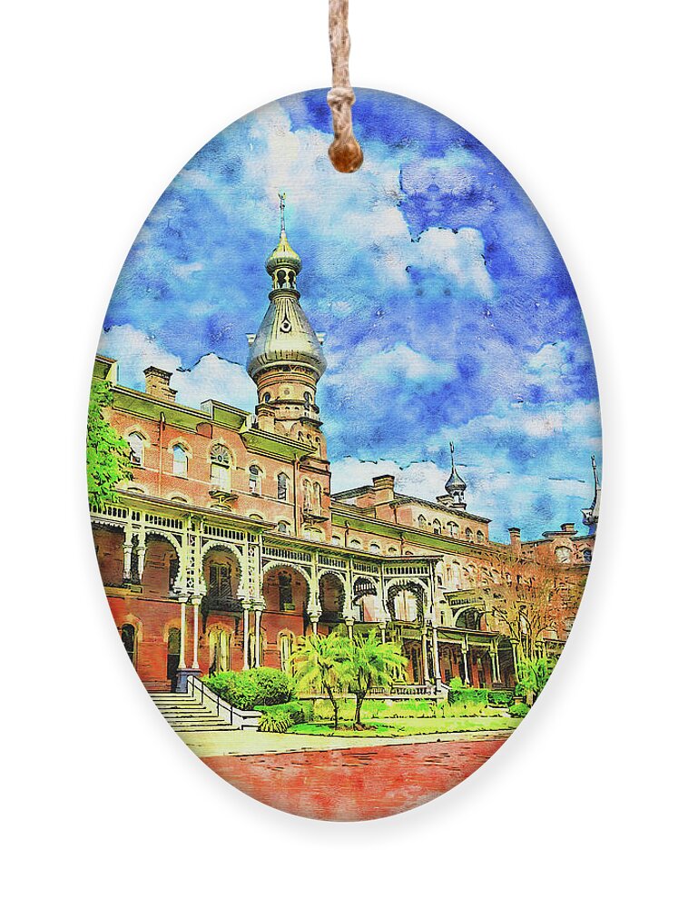Henry B. Plant Museum Ornament featuring the digital art Henry B. Plant Museum in Tampa, Florida - pen and watercolor by Nicko Prints