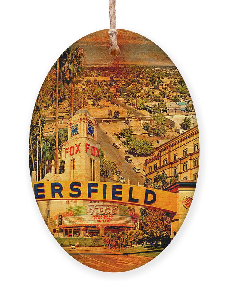 Bakersfield Ornament featuring the digital art Historical buildings of Bakersfield, California, blended on old paper by Nicko Prints