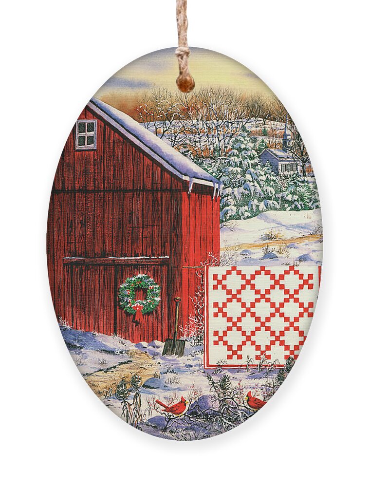Red Barn Ornament featuring the painting Holiday Airing by Diane Phalen