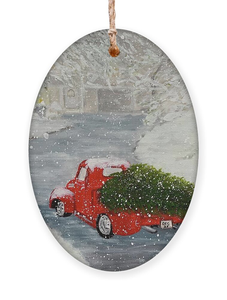 Red Truck Ornament featuring the painting Home For Christmas by Juliette Becker