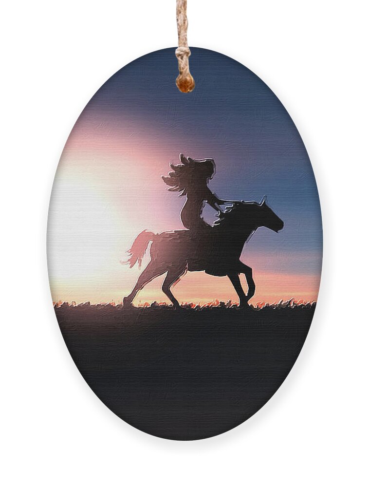 Horse Ornament featuring the painting Horse Rider Sunset The West by Tony Rubino