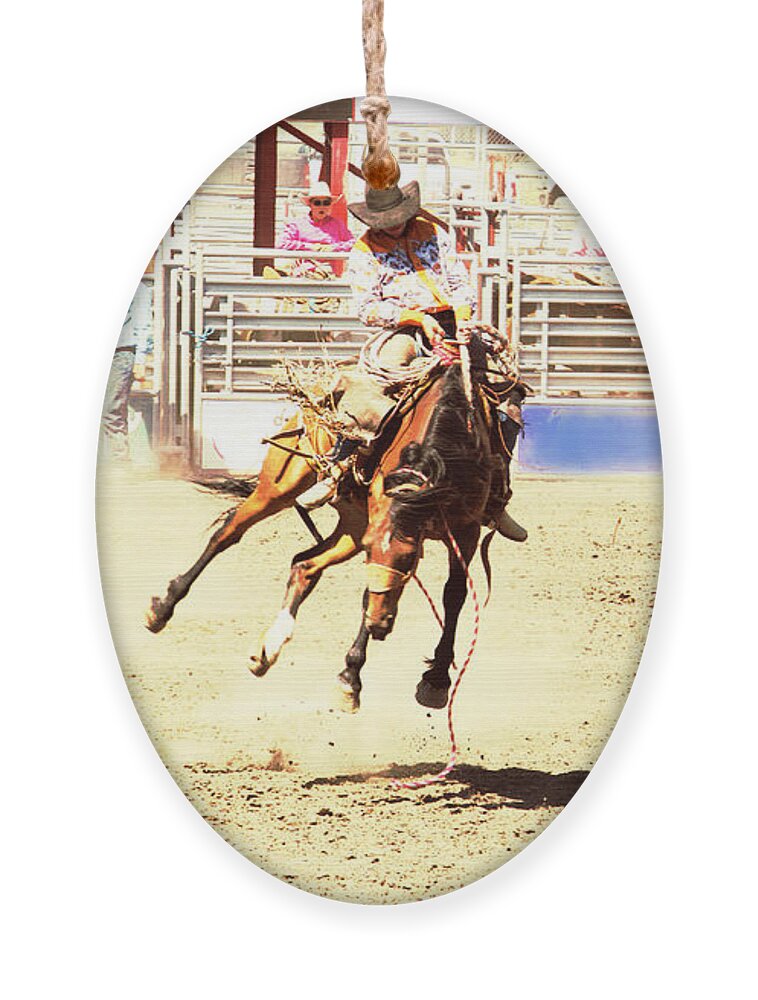 Horse Ride Ornament featuring the mixed media Hot Bronc Ride by Kae Cheatham
