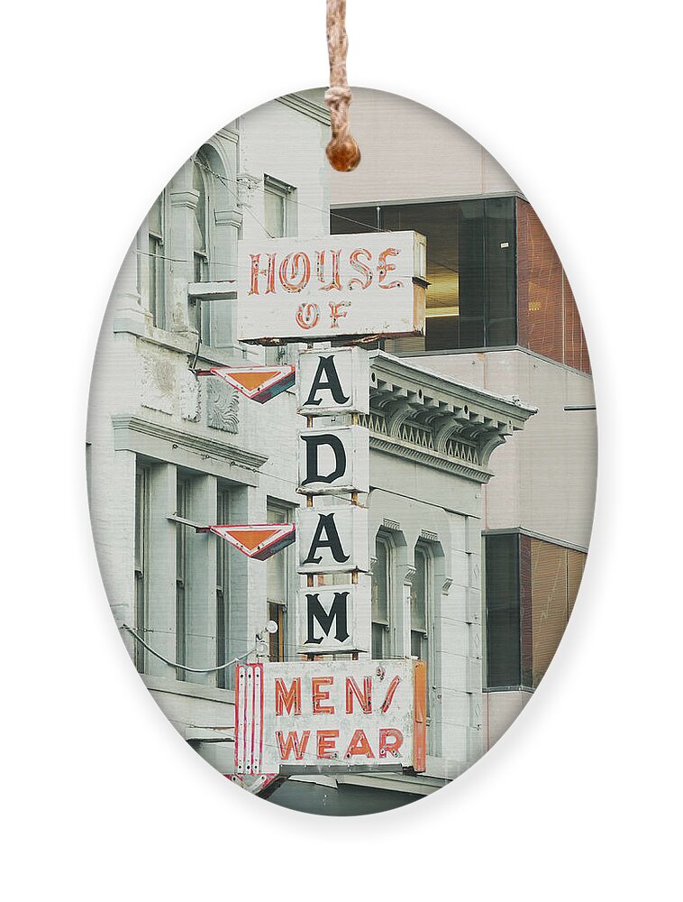 House Of Adam Ornament featuring the photograph House of Adam Men's Wear Sign by Bentley Davis