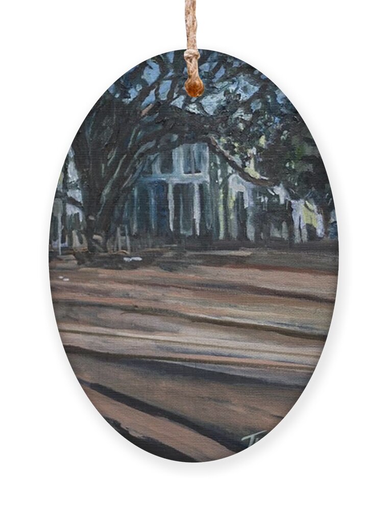 City Scape Ornament featuring the painting House on the line by Julie TuckerDemps