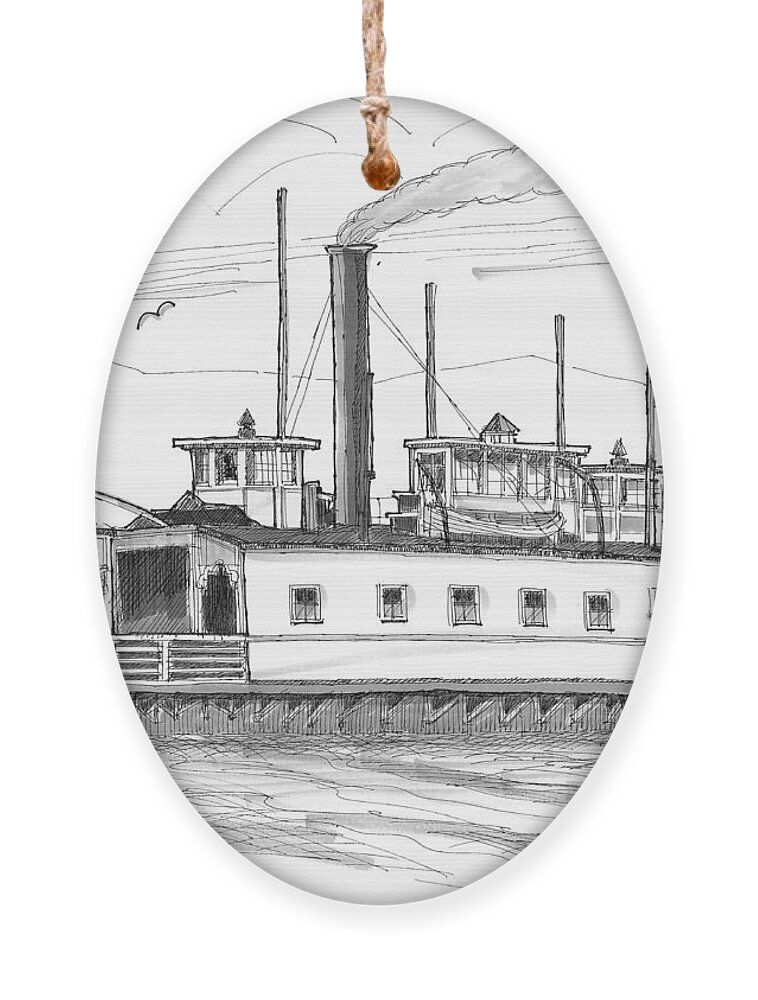 Geo H Powers Ornament featuring the drawing Hudson River Steam Ferry Boat Geo H Powers by Richard Wambach