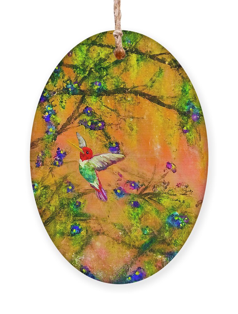 Hummingbird At Sunset Ornament featuring the painting A Hummingbird Sunset by Bonnie Marie