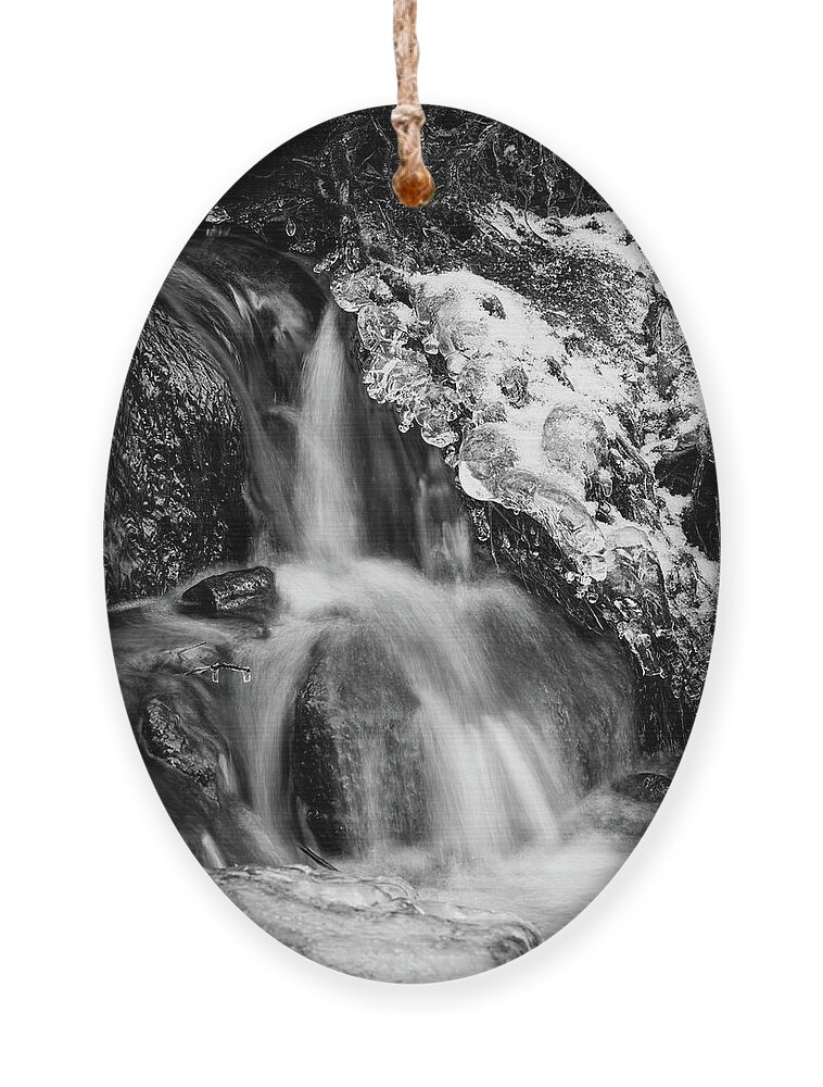 Jouko Lehto Ornament featuring the photograph Ice jevels by the brook 3 bw by Jouko Lehto