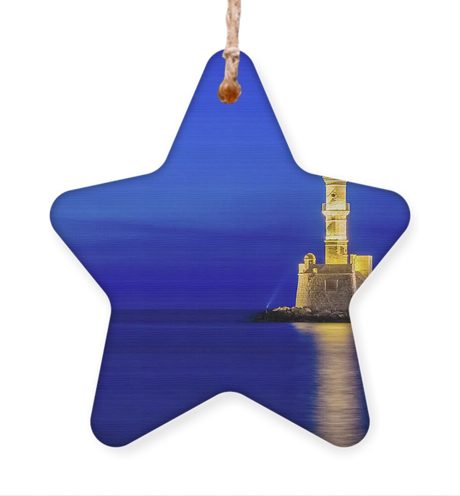 Lighthouse Ornament featuring the photograph Illuminated lighthouse of Chania by Alexios Ntounas