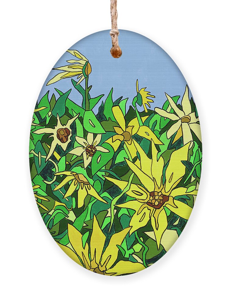 Sunflowers Long Island Summer Flowers Sun Ornament featuring the painting In Northfork Gardens by Mike Stanko