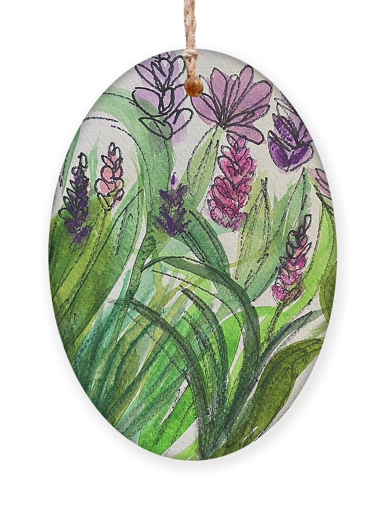 Purple Ornament featuring the mixed media Ink and Wash Flowers by Lisa Neuman