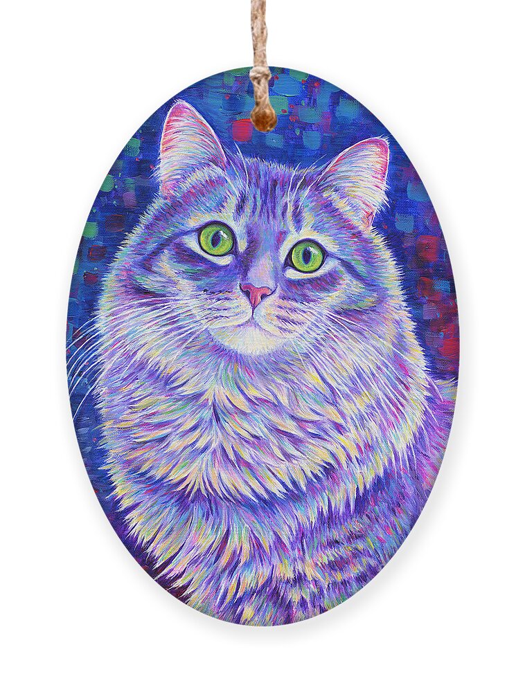 Gray Tabby Ornament featuring the painting Iridescence - Colorful Gray Tabby Cat by Rebecca Wang
