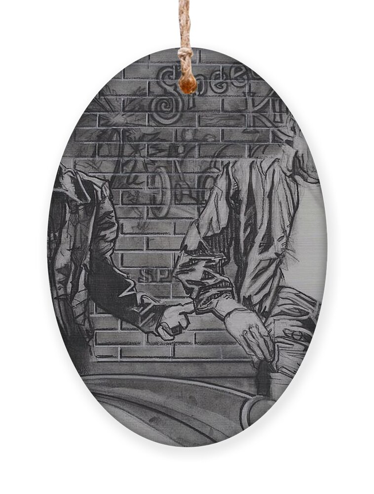Charcoal Pencil On Paper Ornament featuring the drawing James Dean Meets The Fonz by Sean Connolly