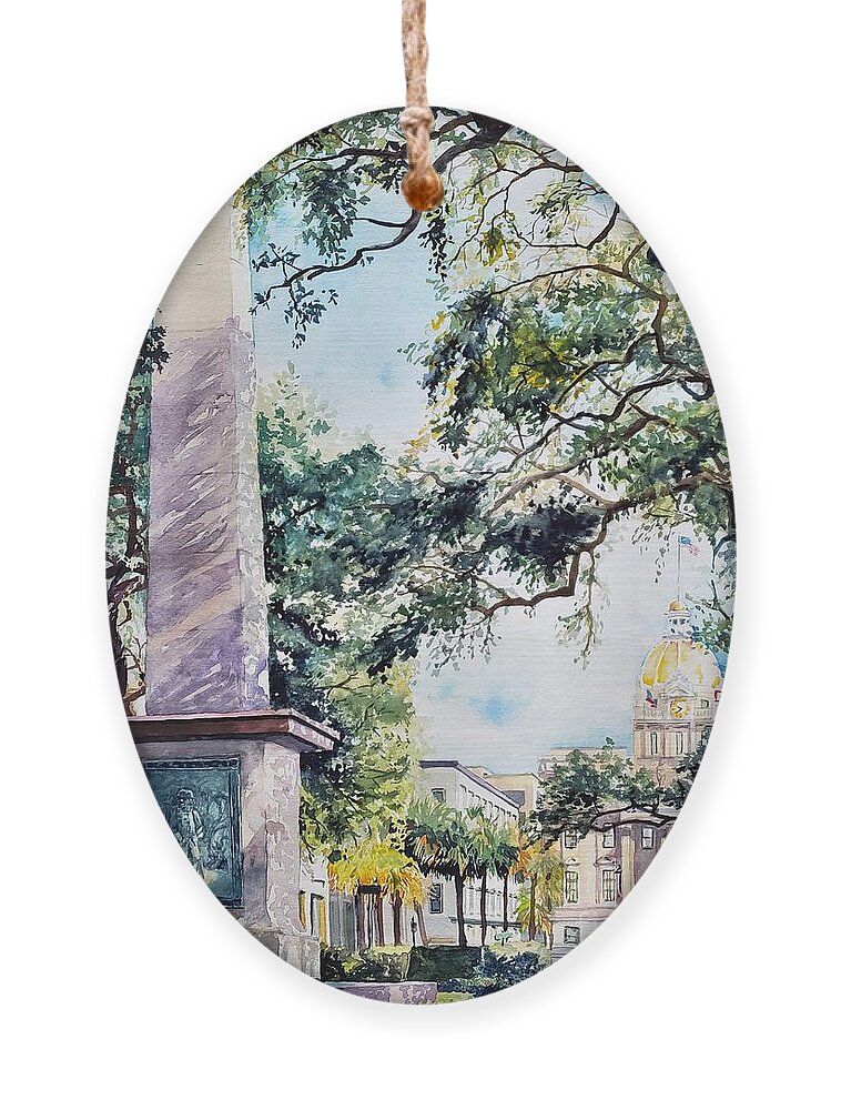 Georgia Ornament featuring the painting Johnson Square, Savannah GA by Merana Cadorette