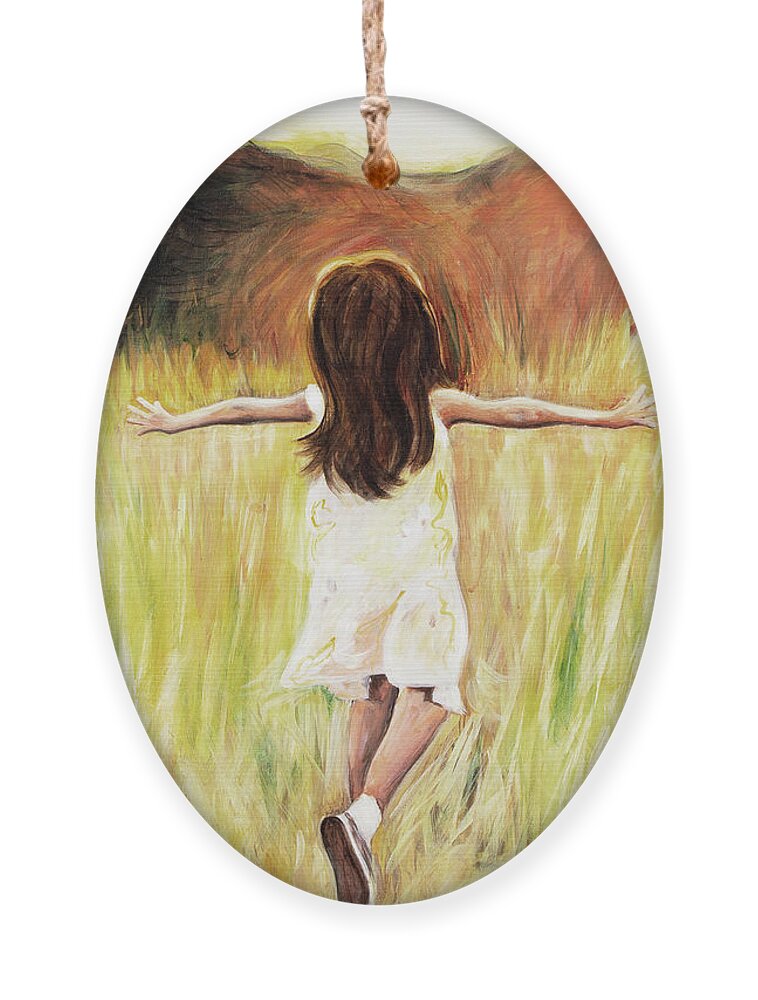 Joy Girl Running Field Sunshine Happy Joyful Peaceful Daughter Free Ornament featuring the painting Joy by Pamela Schwartz