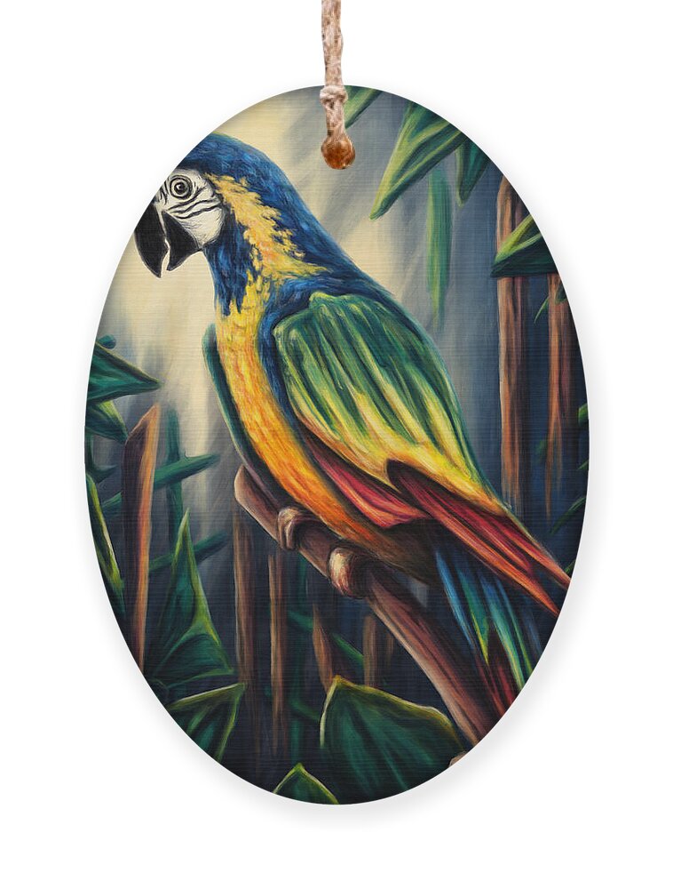 Bird Ornament featuring the painting Jungle parrot painting, colorful macaw by Nadia CHEVREL