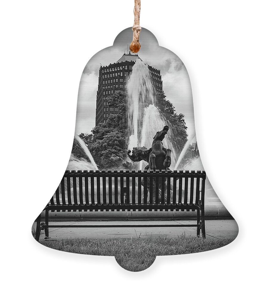 Square Print Ornament featuring the photograph Kansas City Memorial Fountain In Monochrome by Gregory Ballos