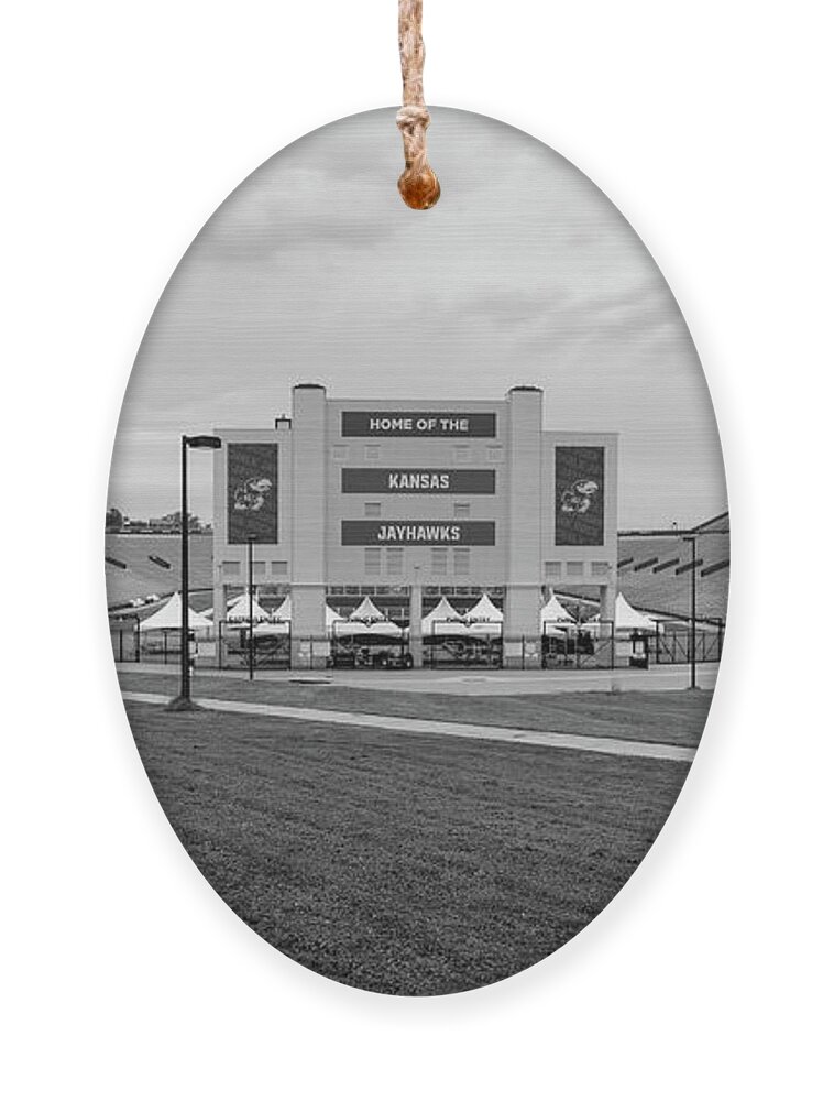 Kansas Jayhawks Stadium Ornament featuring the photograph Kansas Jayhawks football stadium in black and white by Eldon McGraw