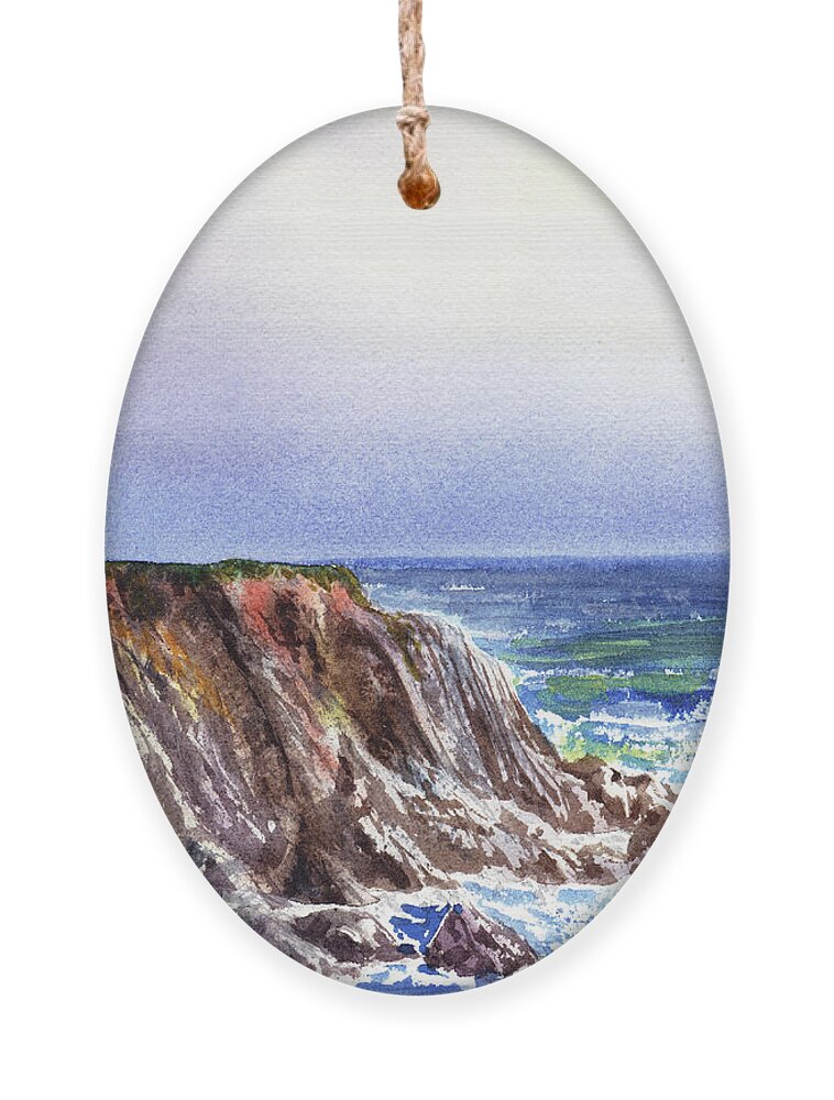 House Ornament featuring the painting Keepers House On Rocky Cliff At The Ocean Shore Watercolor by Irina Sztukowski