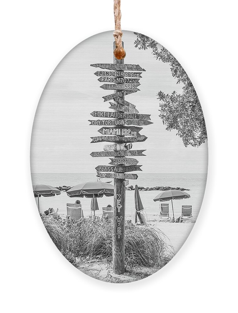 2021 Ornament featuring the photograph Key West City Miles Arrows Sign Black and White Photo by Paul Velgos