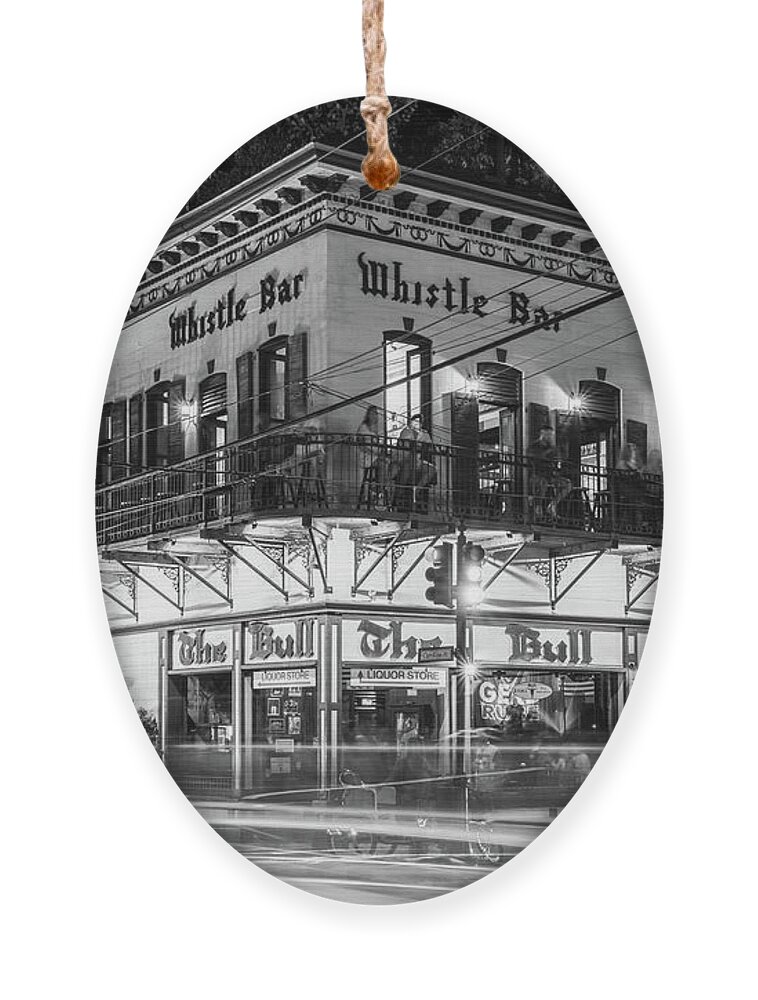 America Ornament featuring the photograph Key West The Bull and Whistle Bar at Night Black and White Photo by Paul Velgos
